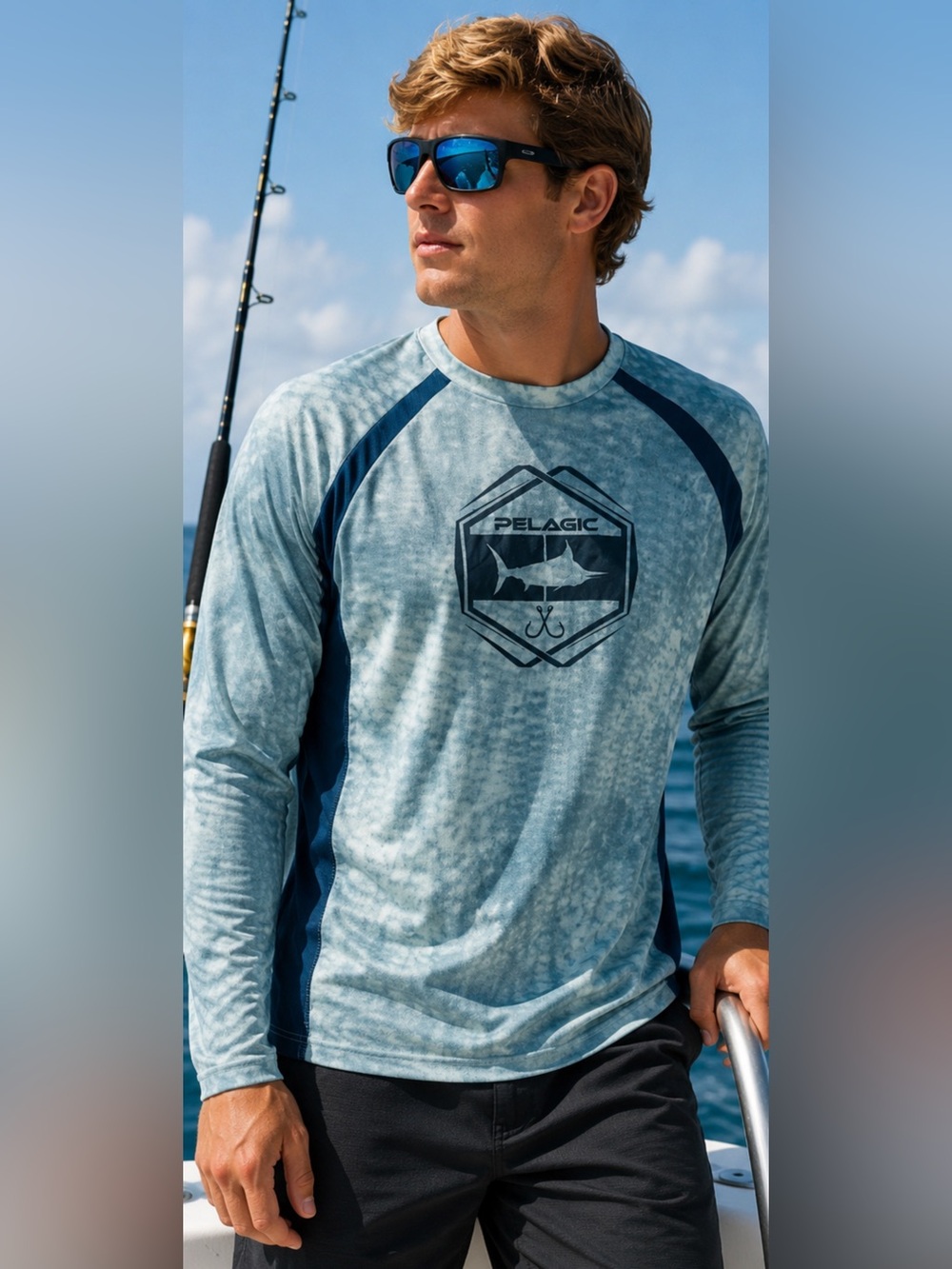 Pelagic VaporTek Fishing Shirt Men’s Large Blue Camo UPF UV Performance outdoor